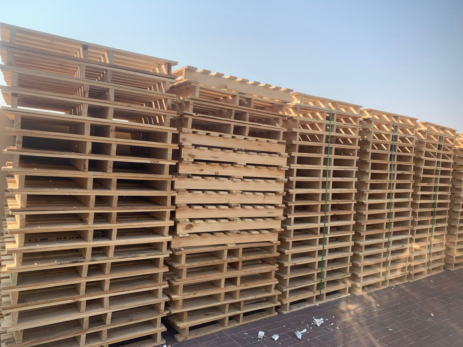 Stacks of standard 1200x1000 wooden pallets in the Sharjah yard