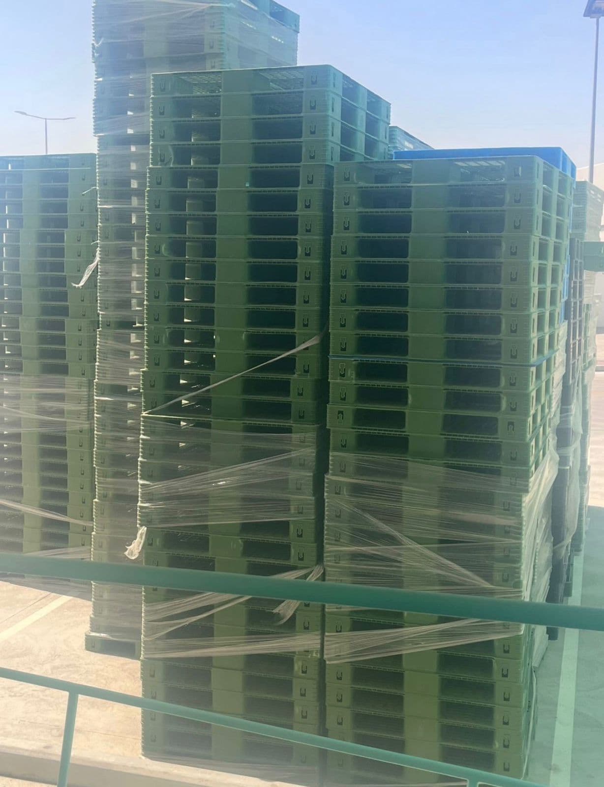 Wrapped stacks of green plastic pallets ready for dispatch in the UAE